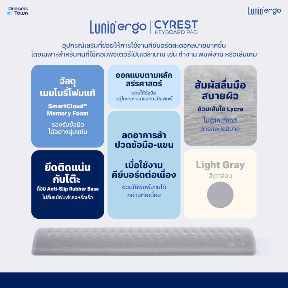แผ่นรองข้อมือคีย์บอร์ด LUNIO ERGO CYREST KEYBOARD PAD LIGHT GRAY สีเทาอ่อน